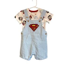 DC Superman Blue Seersucker Overalls Shorts Set Red Character Tee & Patch 18m